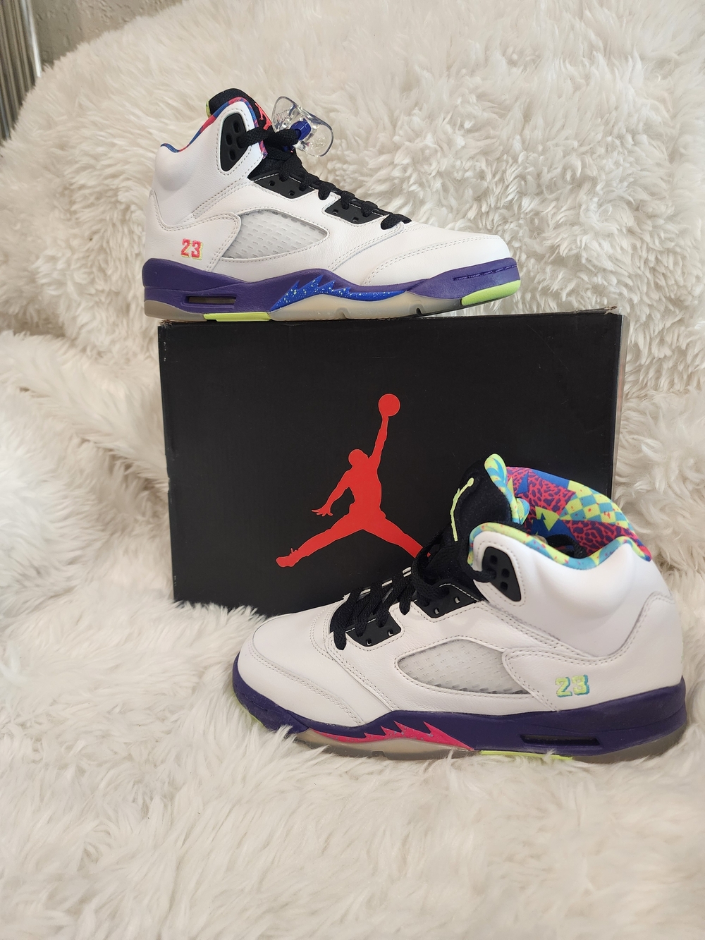 Jordan Kids' White Sneakers with Purple, Neon Green & Pink Accents